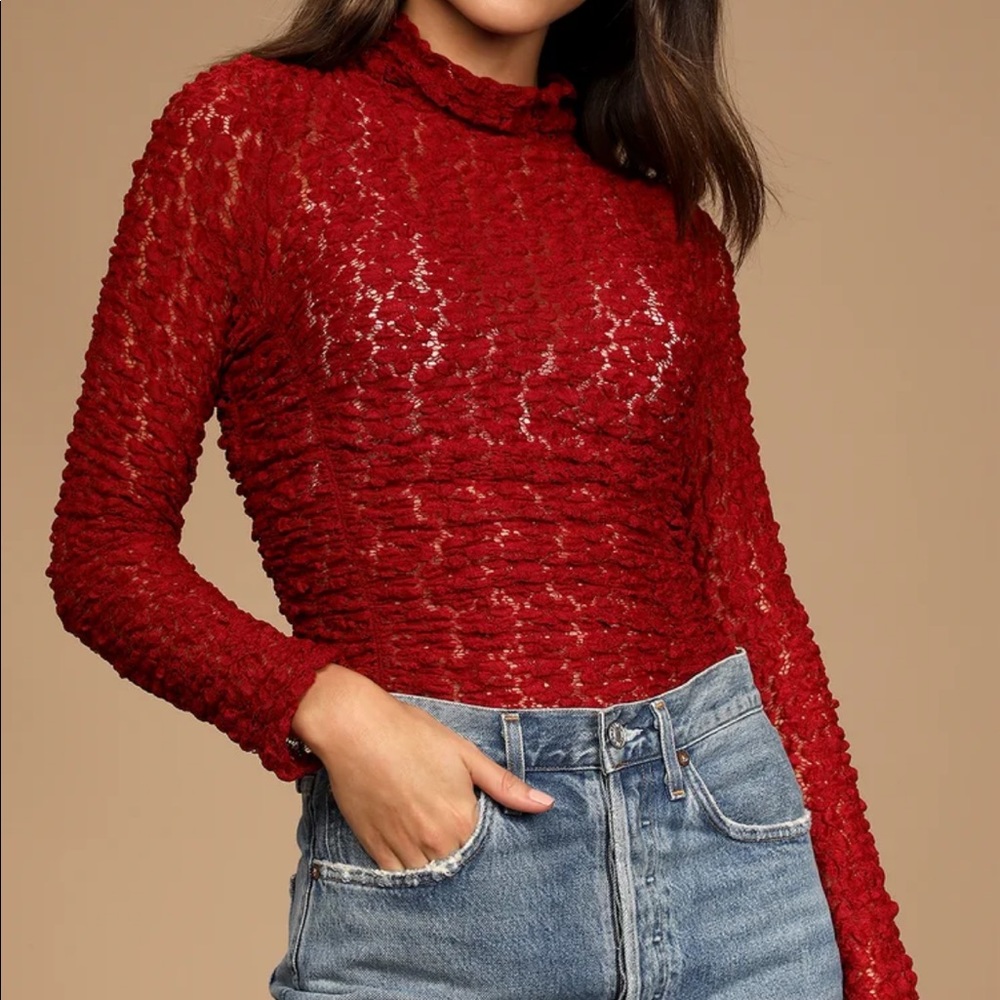 Free People Day and Night Sheer Lace Bodysuit Red Wine